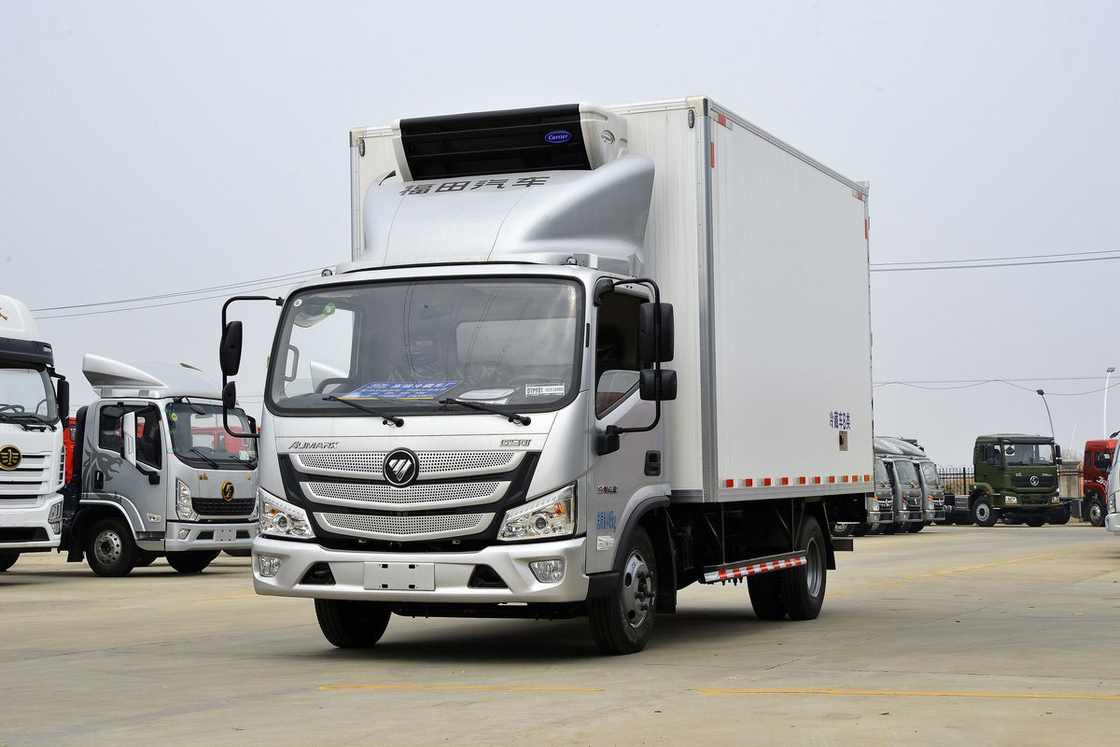 158HP 4X2 싱글 라인 좌석 6 기어 4.08m 더블 도어 화이트 화물 상자 포튼 BJ5048 냉장 트럭